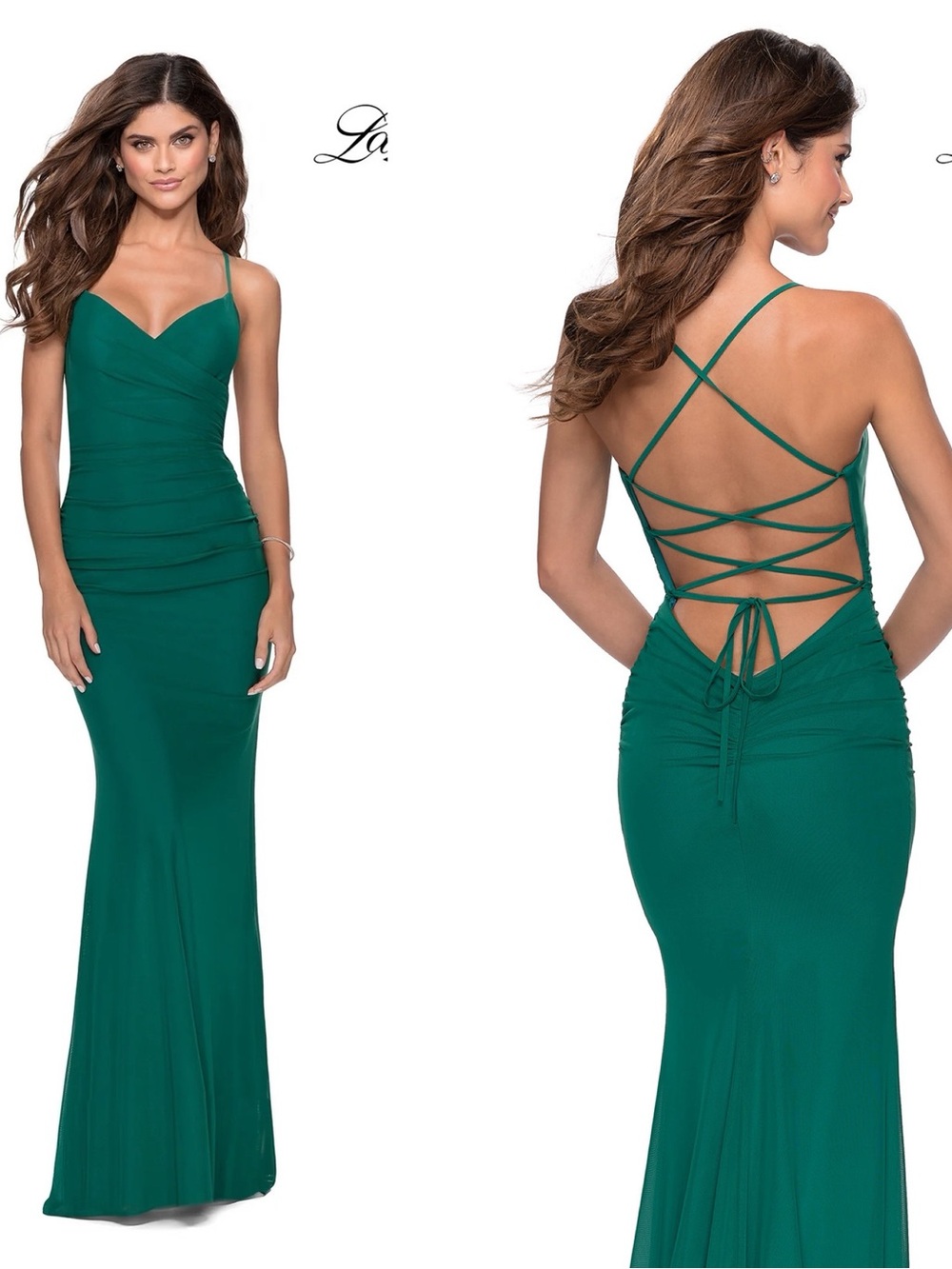 LA FEMME Strappy Back Ruched Trumpet Gown in Emerald Green 28541
